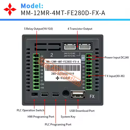 2.8'' Touch Screen PLC HMI All In One for Small Machine Automation Controller, Built-In Analog, 7/9 I/O, 2 Axis 100K for Motor - Image 2