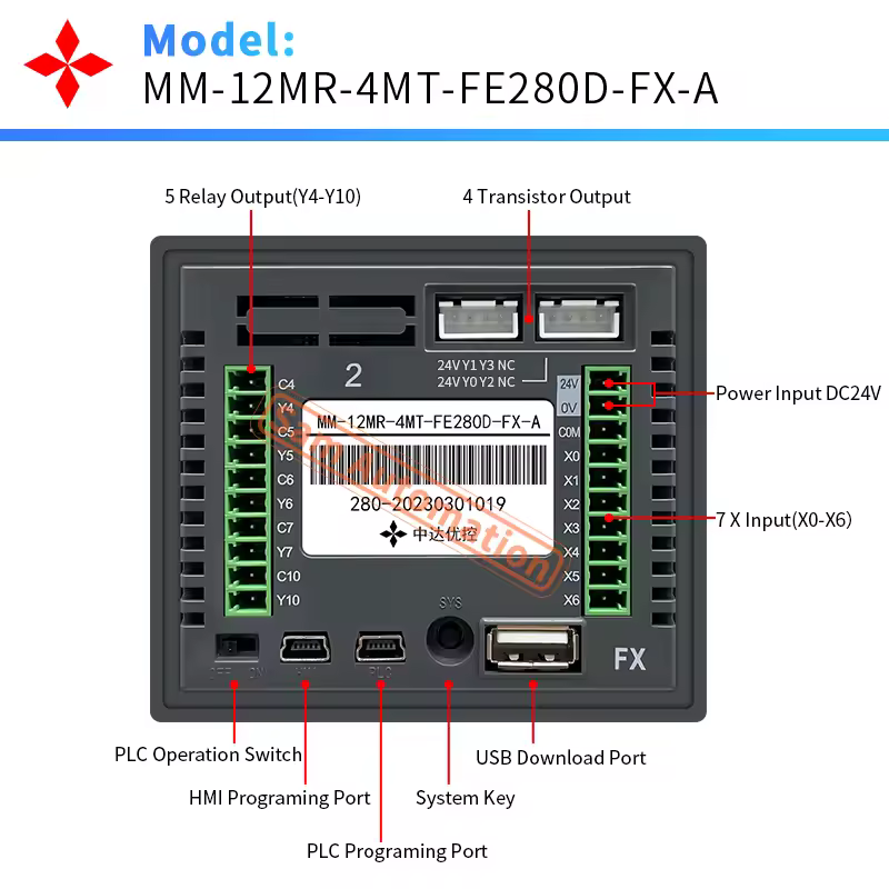 2.8'' Touch Screen PLC HMI All In One for Small Machine Automation Controller, Built-In Analog, 7/9 I/O, 2 Axis 100K for Motor - Image 2