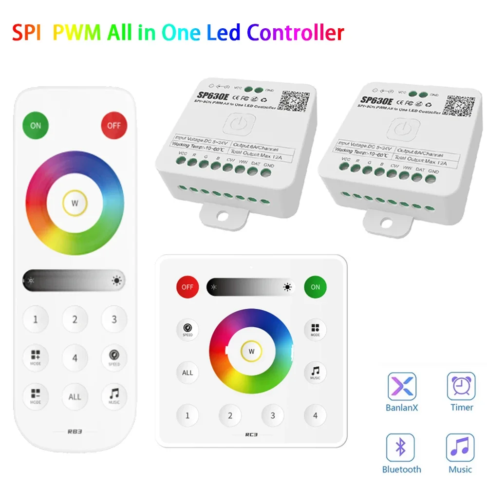 SP630E Bluetooth LED Controller DC5V-24V WS2811 5050 SPI Pixels 3CH 4CH RGB RGBW PWM LED Light 2.4G 4-Zone Touch Remote Control