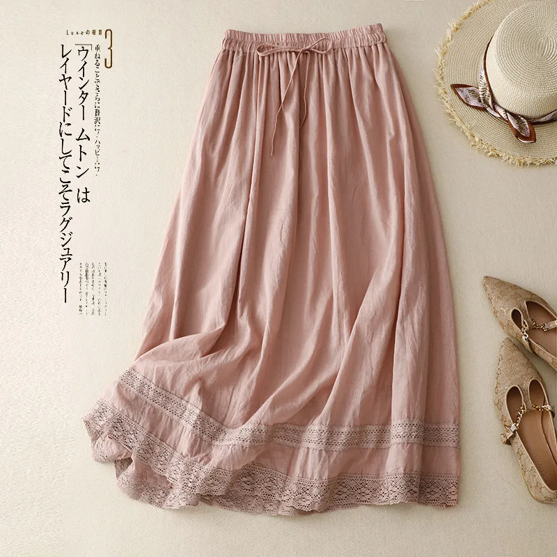 2025 Summer New Literary Loose Splicing Lace Elastic Waist Skirt Women's Medium and Long