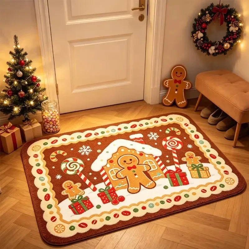 Winter Christmas Floor Mat Reindeer Pulling Gift Sleigh Snow Town Pinecone Bow Pattern Decorative Front Door Doormat