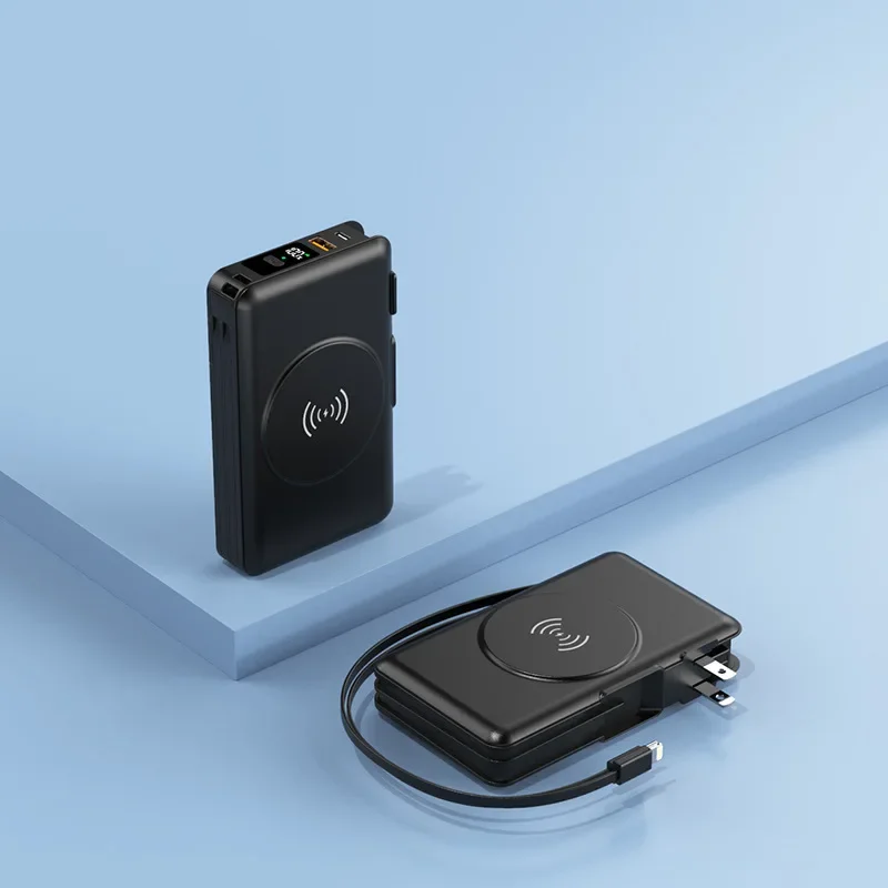 Magnetically Inductive Wireless Power Bank with Large Capacity Built-in Cable and Plug Supports Fast Charging