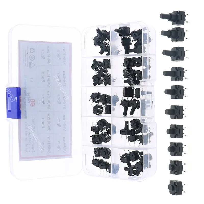50pcs 10Value Waterproof Tact Switch Button 12V 8x8mm 6mm-15mm Assorted kit