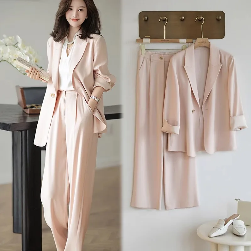 Women's Spring/Summer Retro Casual Cropped Blazer Wide Pant Set Commuting Solid Loose Single-breasted Suit Trouser Two-piece Set