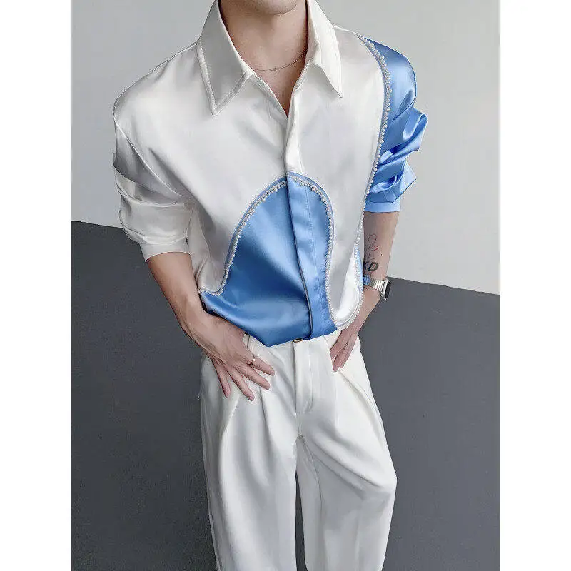 

Spring Summer Men's Color Block Shirt Satin Smooth Shoulder Pads Acetate Bright Surface Long Sleeve Casual Fashion Shirt