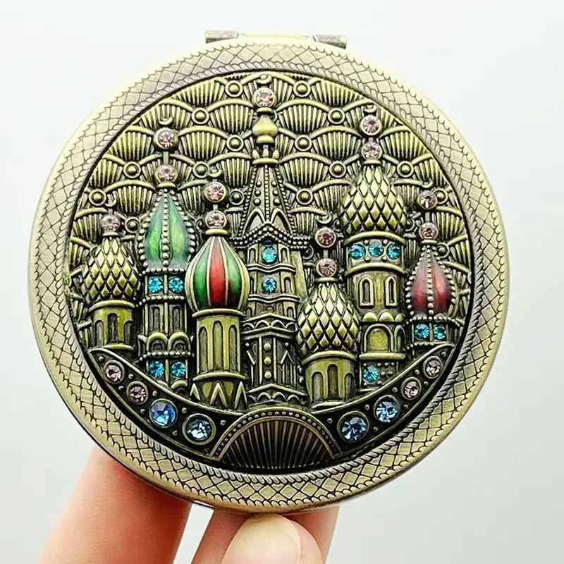 Russian Vintage Double Sided Small Fold Mirrors Exquisite Relief Carved Bronze Metal Makeup Bag Mini Pocket Mirror for Woman