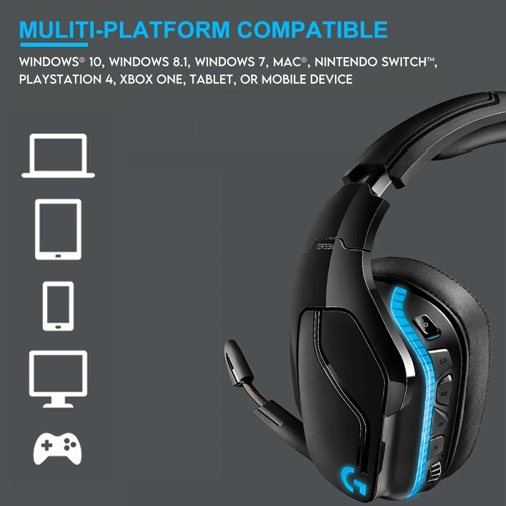 سماعة الألعاب اللاسلكية Logitech G933S الأصلية فوق الأذن مع ميكروفون، صوت محيطي 7.1، وضع مزدوج 2.4 جيجا هرتز، USB-C