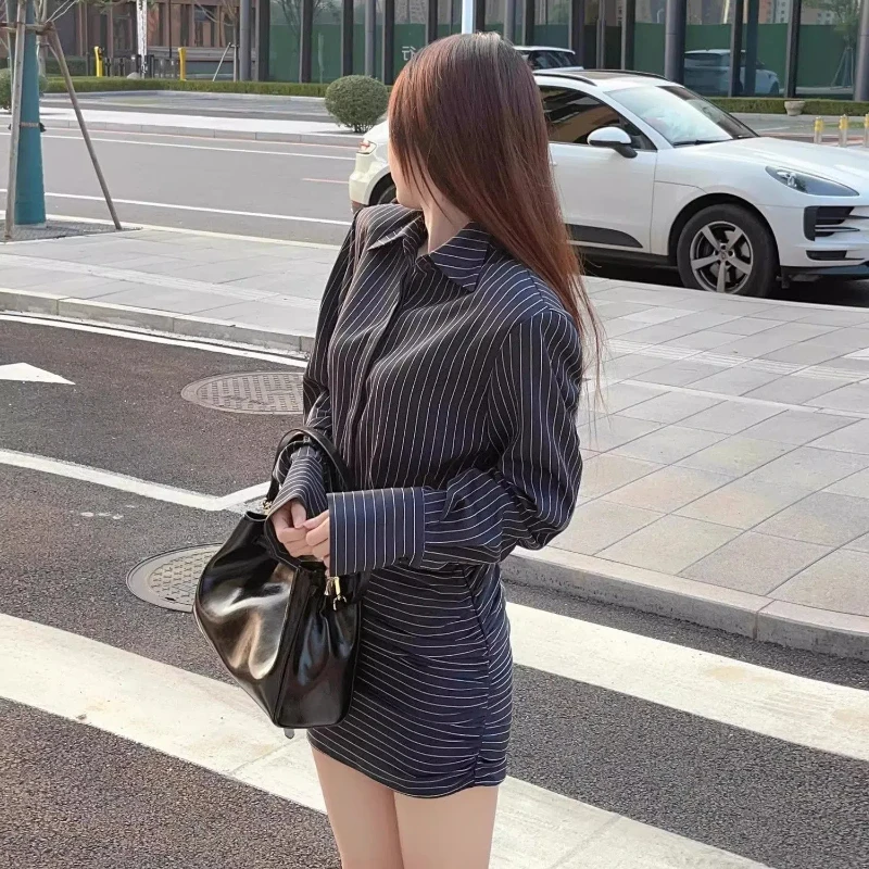 Ouyang Striped Long-sleeved Shirt Dress for Women with Waist Slim Fit and Retro Hip-pack Skirt