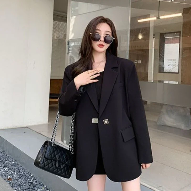 Long Women\'s Blazers Loose Jacket Dress Clothing Female Coats and Jackets Solid Over Black Youthful Woman Clothes New Outerwear