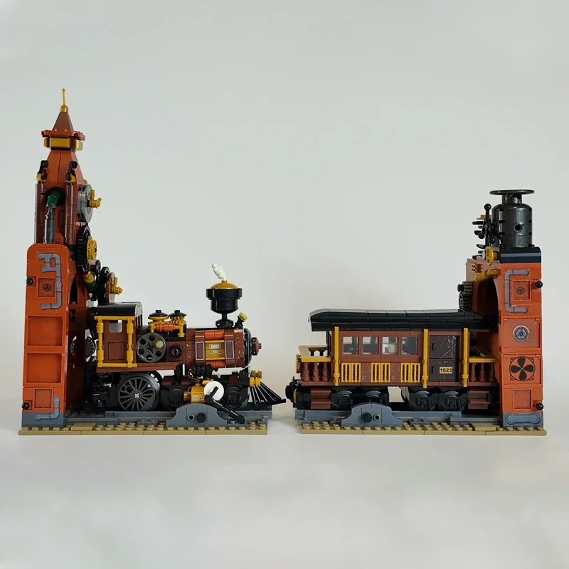 Street View Steampunk Train Building Blocks City Urban Trains Bookends Model Bricks Toys For Children Xmas Gift With LED MOC