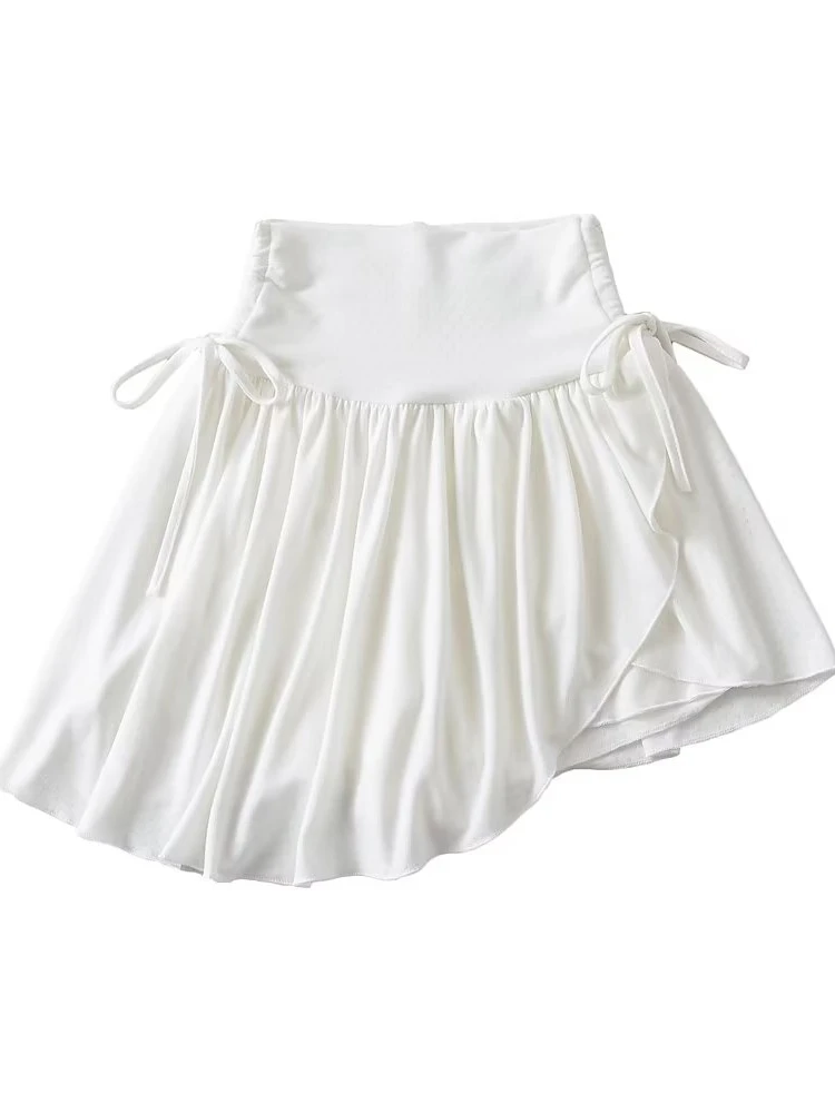 

Sexy High-Waist Drawstring Anti-Light White Skirt Show Figure Uneven Hemline Ballet Style Commute A-Line Short Skirt