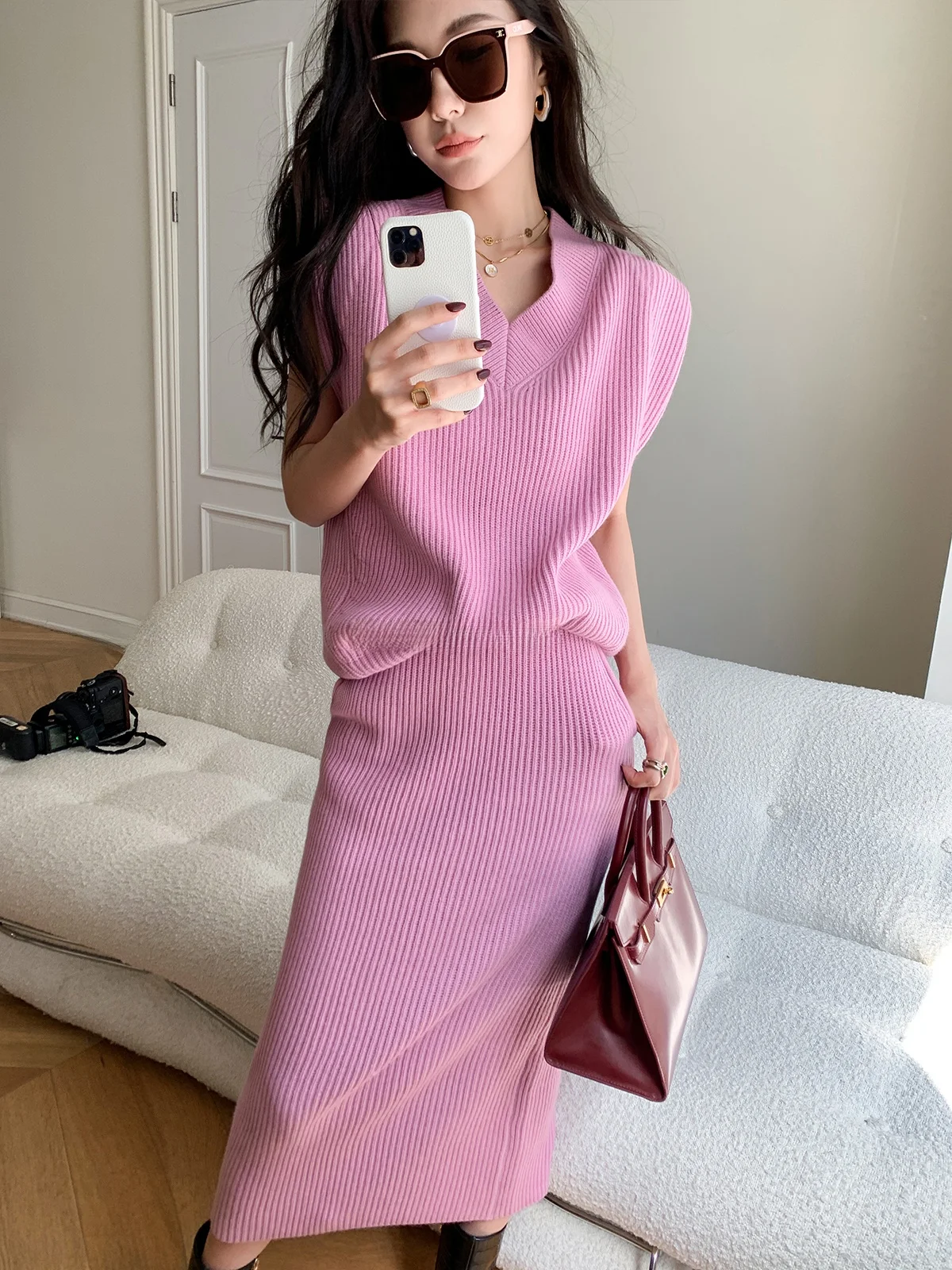 

Комплект Garbociaga 00: вязаный жилет и юбка из шерсти для женщин, весна-осень, повседневный модный ансамбль, средней толщины