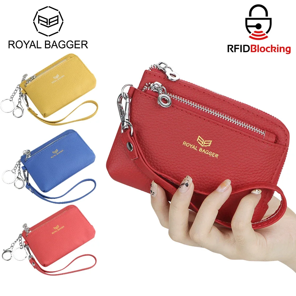 

Royal Bagger RFID Coin Purse with Keychain, Genuine Leather Multi Zipper Clutch Wallet, Portable Wristlet Card Holder 1952