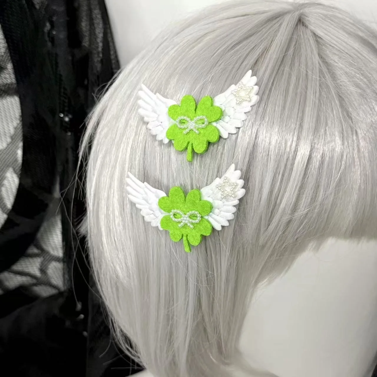 Cute Green Four-leaf Clover White Angel Wing Star Hair Clips Women Sweet Bangs Side Barrettes Spicy Girls Y2k Hair Ornaments