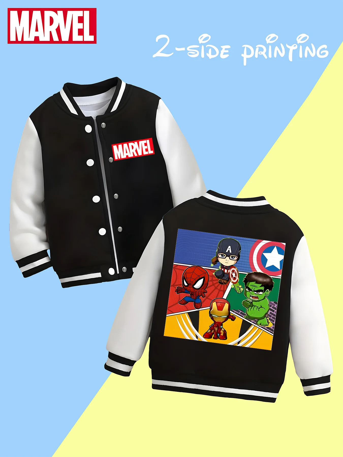 

MINISO Marvel Boys' Baseball Jacket - Avengers Hero Print, Double-sided Pattern, Comfortable Fabric, Black and White, Fashionabl