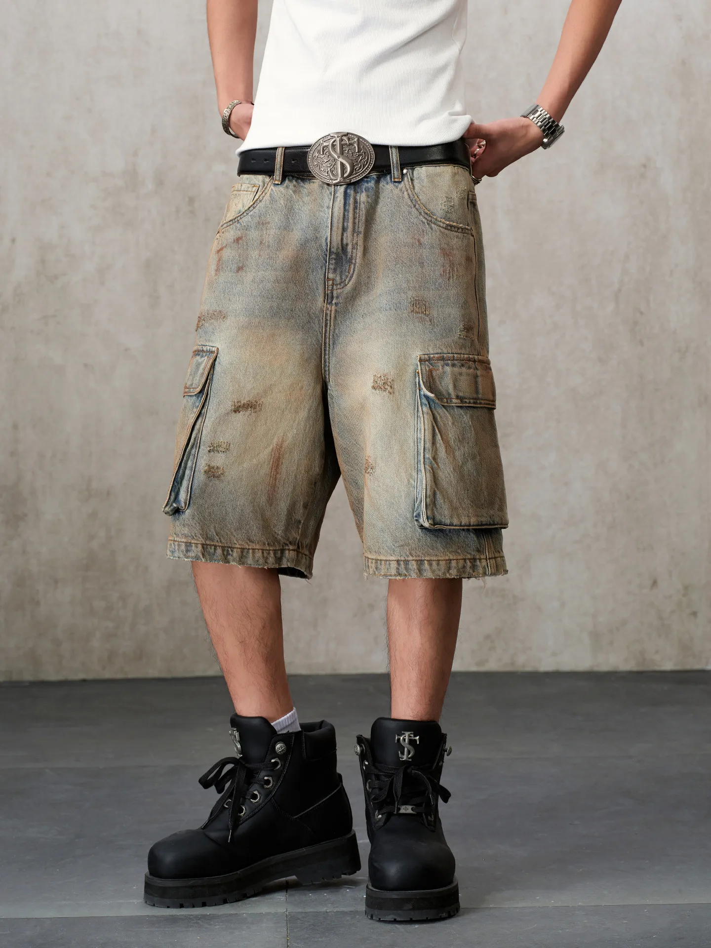 STK SmallTownKid American Retro Dirt Washed Workwear Shorts Five-Point Hole Jeans Straight Leg Cotton Polyester Blend Shorts