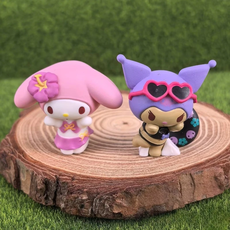 Anime Figuur Sanrio Hello Kitty Kuromi Melody Zwarte Huid Kt Kat Zomer Kust Vakantie Serie Blind Box Speelgoed Ornament Kid Geschenken