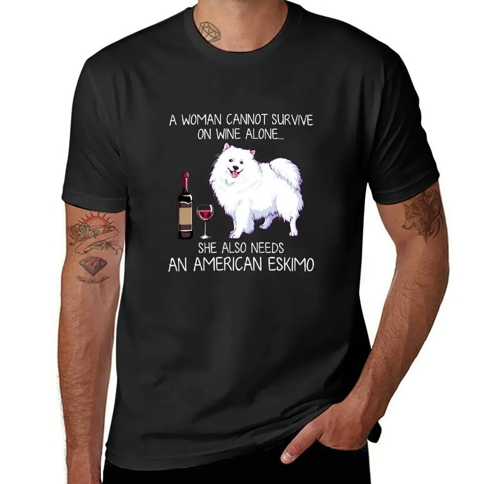 

American Eskimo and wine Funny dog T-Shirt affliction shirts valentines boutique clothes Clothing t shirt for men