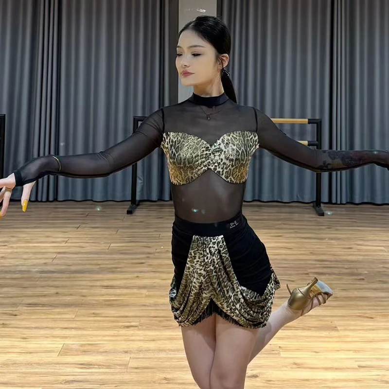 신상 라틴 댄스 공연 의상 레오파드 메쉬 섹시 룸바 차차 탱고 댄스 연습복 대회 드레스 수트 DNV25999
