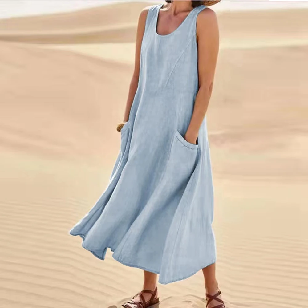 Abito senza maniche in lino di cotone per donna Gonna pullover estiva Abiti Moda femminile Abbigliamento Abito lungo ampio a maniche corte