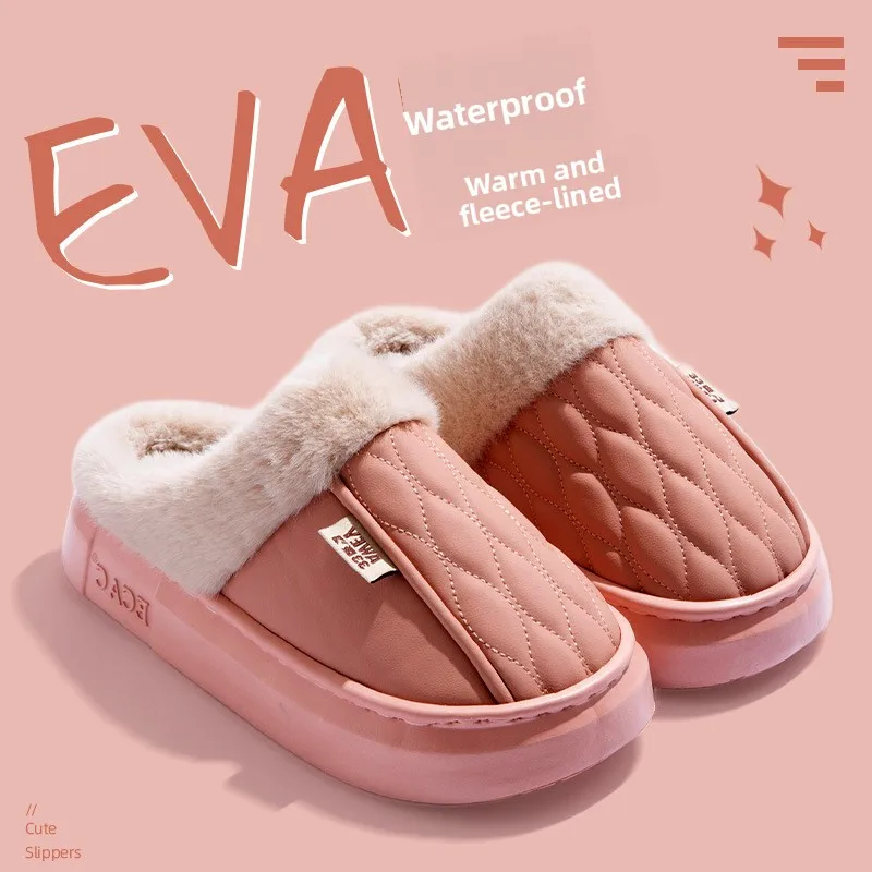 Waterproof cotton slippers for women, winter indoor thickened warm couple's slippers for men,new style thick sole fuzzy slippers