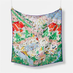 POBING Twill Silk Scarf Women Resort Print Square Scarves Wraps Bandana Small Hijab Silk Foulards Tie Headband Neckerchief 53CM