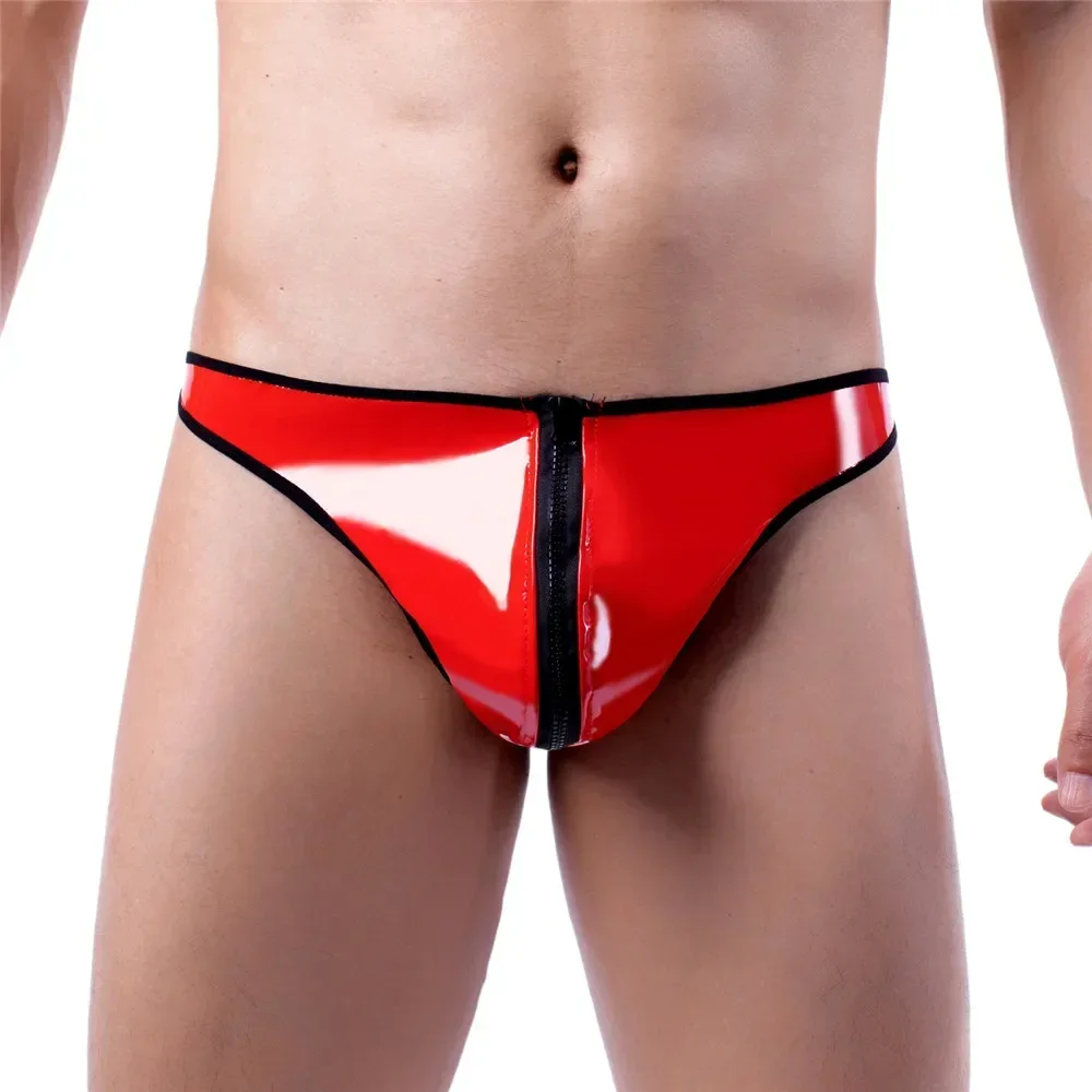 

Sexy Men Leather Zipper Thongs Underwear Briefs Zipper Gay Men Panties Faux Leather Bulge Pouch Underpants Low Waist Male Thongs