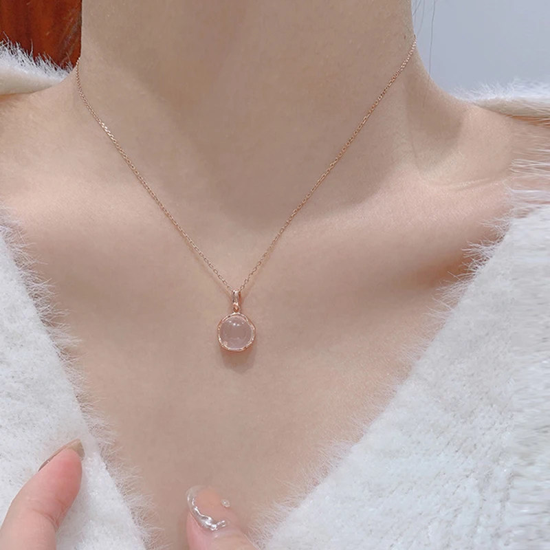 925 Sterling Silver Round Pendant Necklace with Pink Crystal Elegant Choker Wedding Jewelry Luxury Gift for Women Birthday