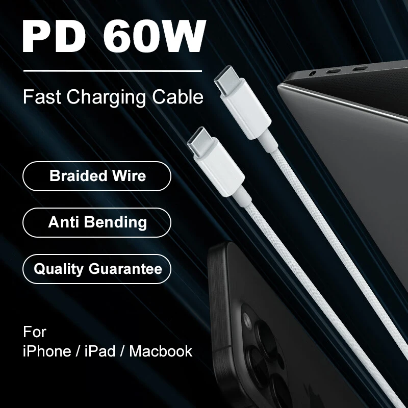 

For iPhone 17 60W Fast Charging Cable USB Type C To C Data Cord For iPhone 16 15 Pro Max iPad MacBook Braided Quick Charger Wire
