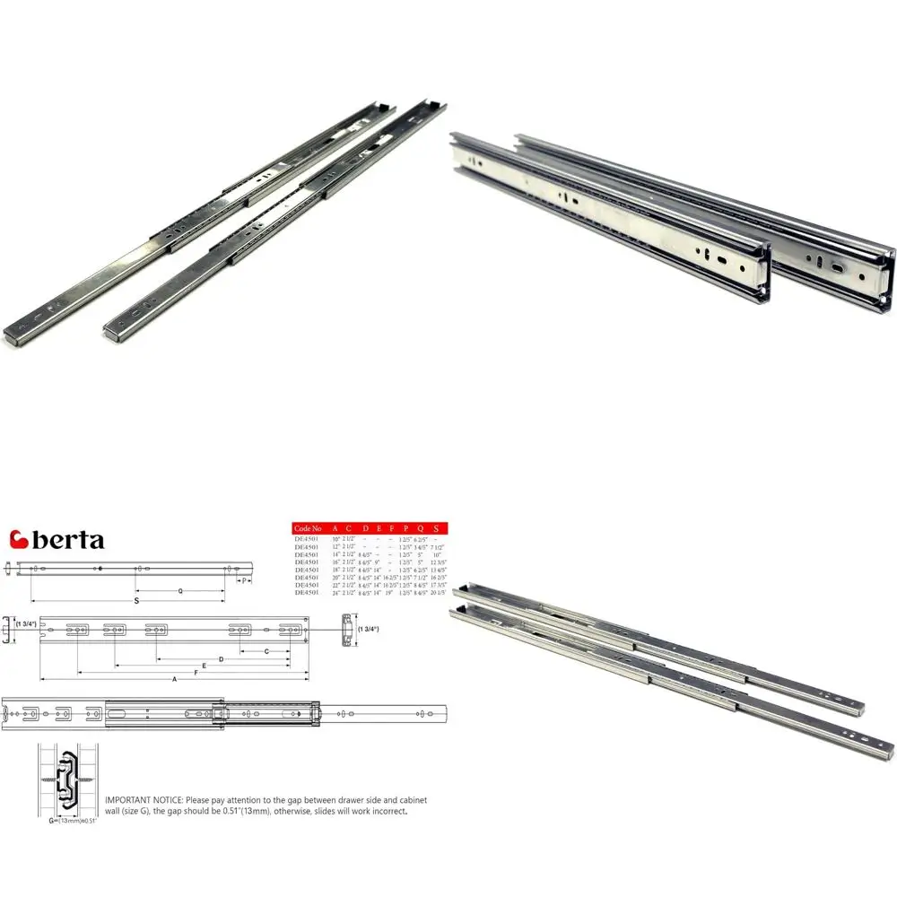 شرائح أدراج محمل كروي فولاذي شديدة التحمل مقاس 20 بوصة، وصلة كاملة، سعة تحميل 100 رطل، حامل جانبي لزول تخزين متين #1