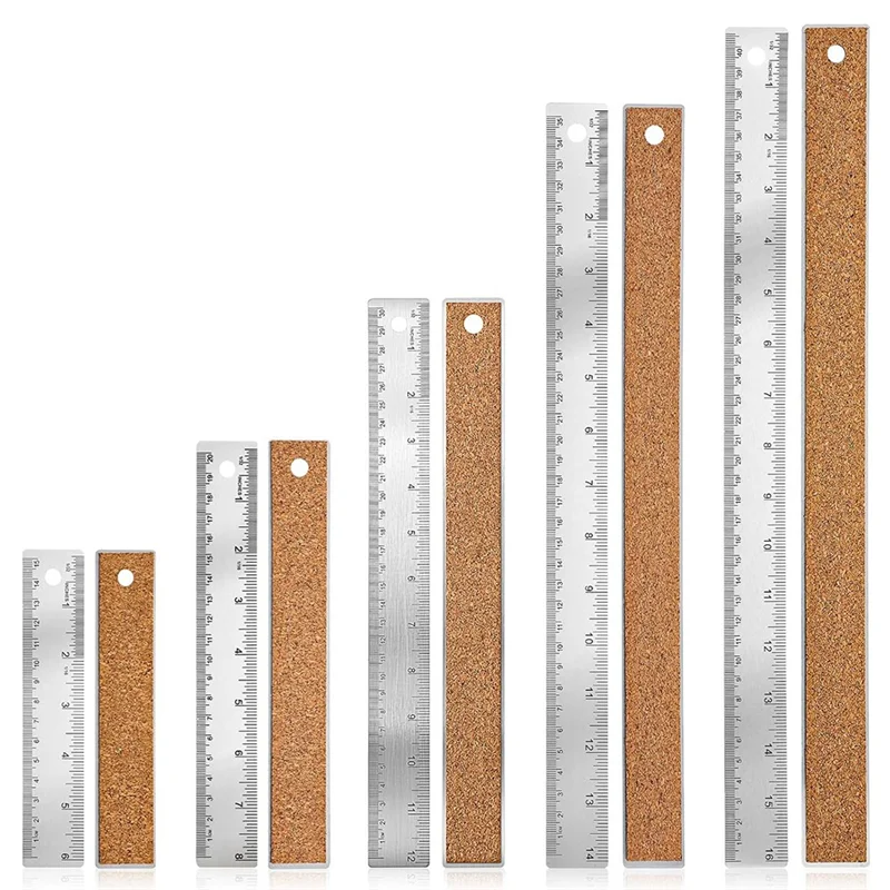 

5Pcs Cork Backed Ruler Stainless Steel Ruler, 6/8/12/14/16 Inch Metal Ruler,Straight Edge Ruler Non-Slip Metal Rulers