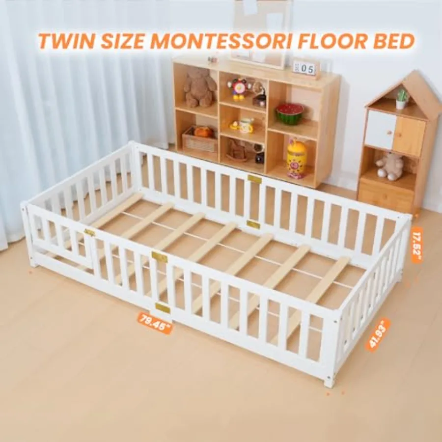 Twin Floor Bed for with Montessori Design Featuring Wooden Slats Integrated Door Storage and Sturdy Wood Frame Ideal for Toddle