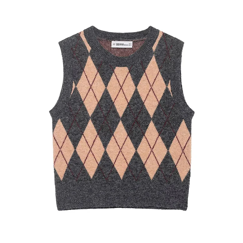 

Sweater Vests Women's Autumn 2025 New Diamond Plaid Knit Tops Fashion Slim Short Women's Sweater Chic Youth Pullover Vests