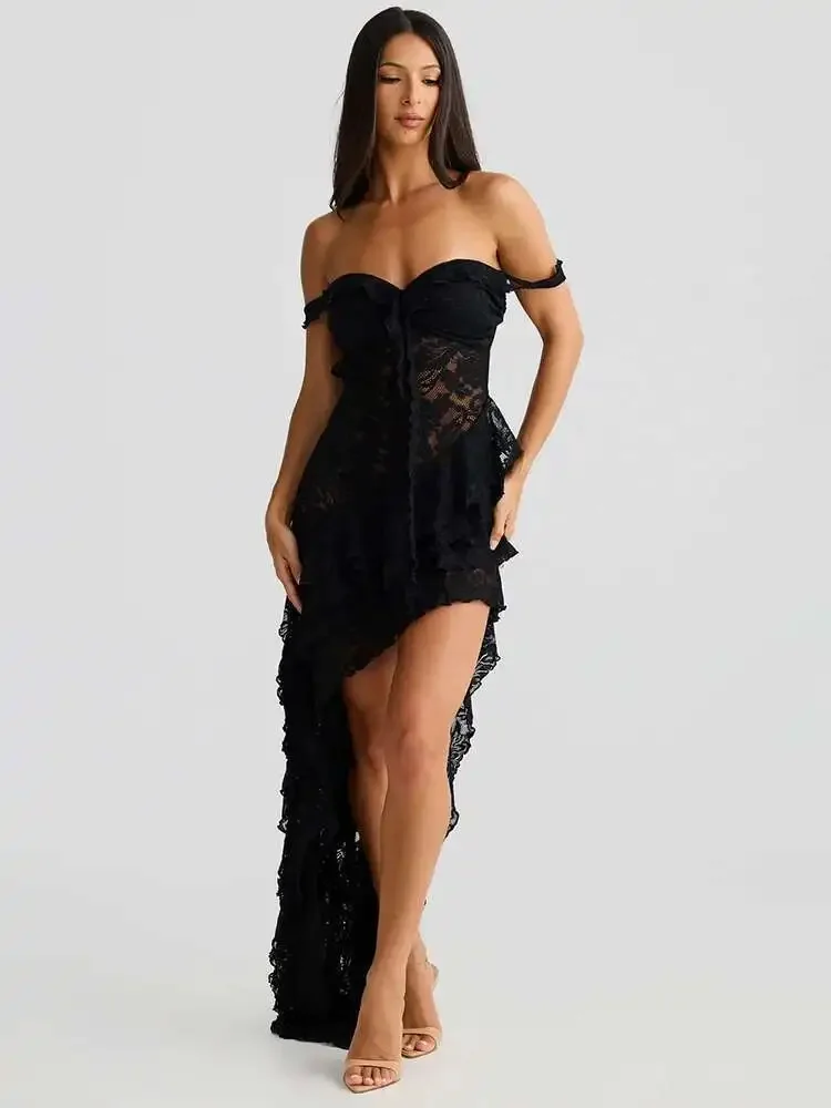 Lace Ruffle Sexy Maxi Dress Women Off-shoulder Strapless Fashion Summer Sleeveless Backless Beach Holiday Club Dress