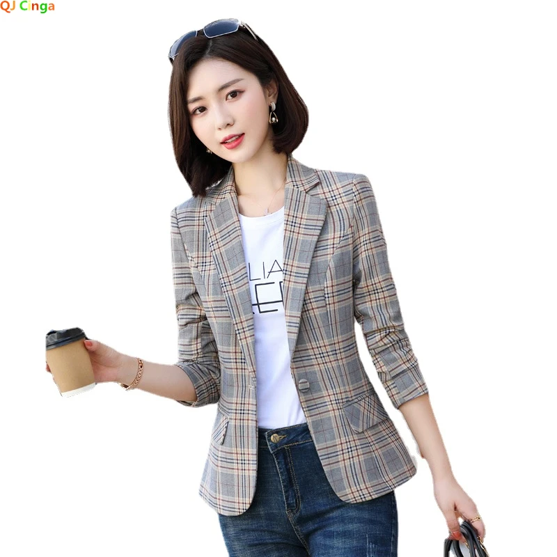 Gray Striped Plaid Blazer Jacket Women\'s Fashion Slim Coats V-Neck Single Button Ladies Blazers S-XXXXXL