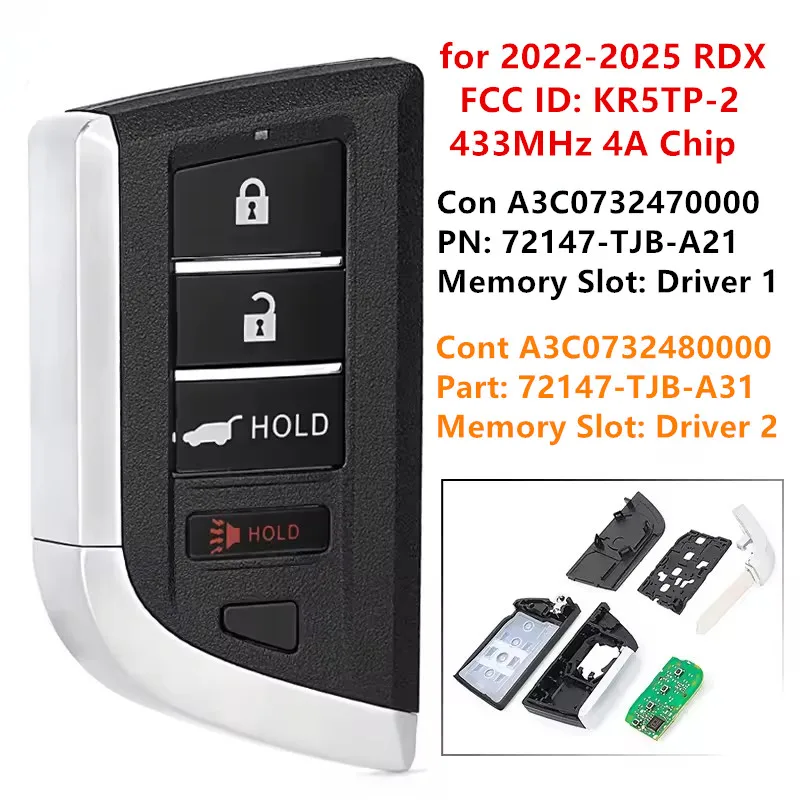 

KEYECU Replacement Smart KEYLESS REMOTE FOB PROXIMITY for 2022-2025 ACURA RDX FCC ID: KR5TP-2 4Buttons 433MHZ 4A Chip