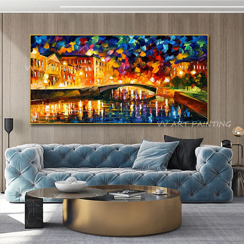 Colorful Knife Bridge Painting, Thick Heavy Texture Night Canal Scene, 100% Handmade Modern Oil Painting, Living Room Wall Decor