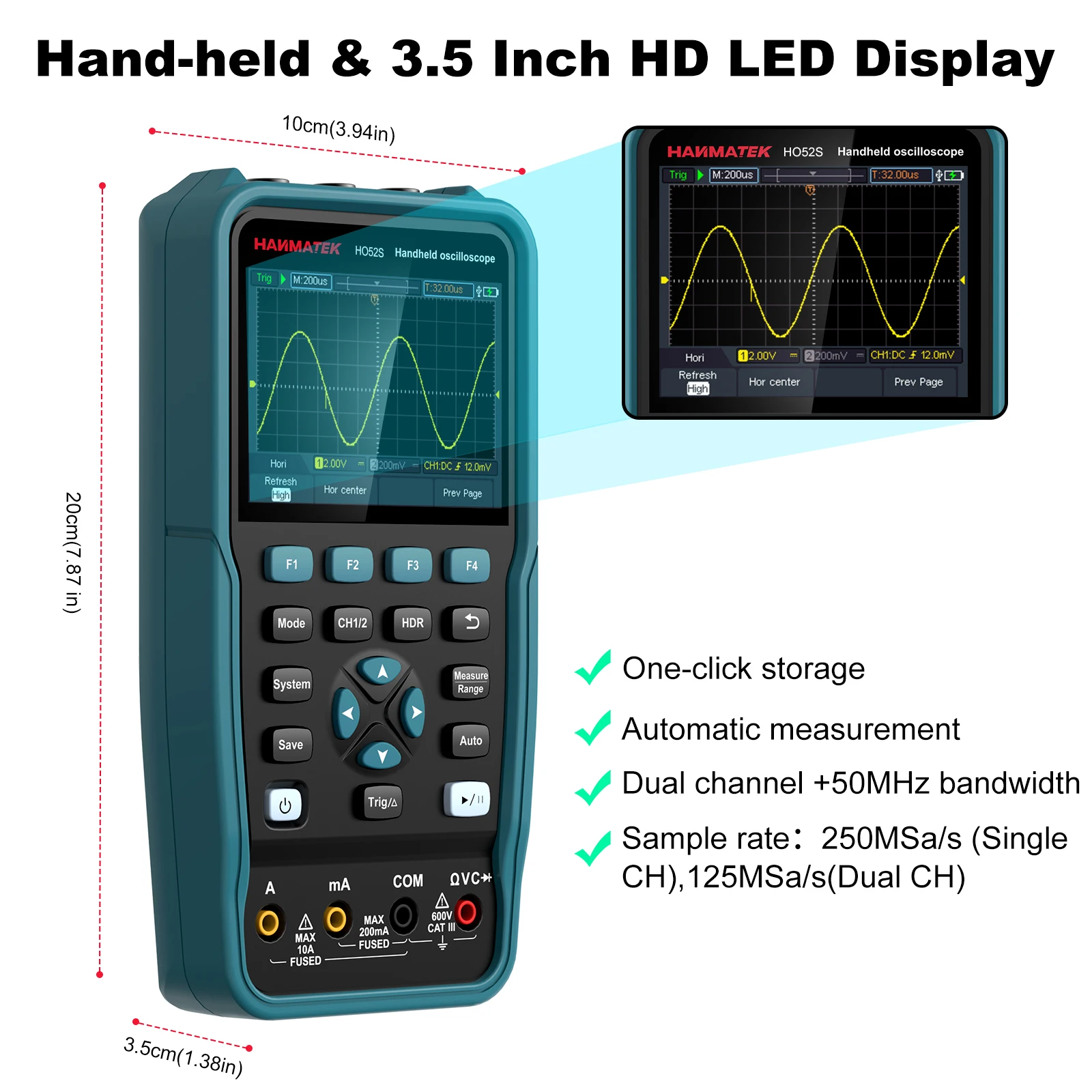 Hanmatek HO52 Digital oscilloscopio multimetro generatore di segnale sorgente Tester per componenti elettronici a doppio canale