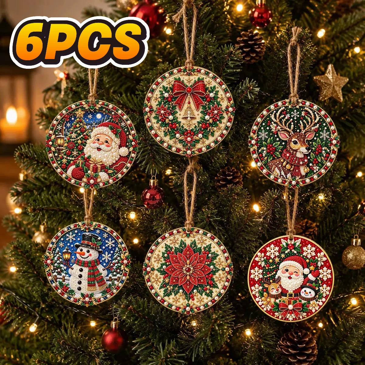 5D diamant schilderij set met ronde parel strass stenen, doe het zelf kerst hangers, boom decoratie labels kerstman sneeuwpop rendier, muurdecoratie thuis cadeau voor handwerk liefhebbers kerst feest