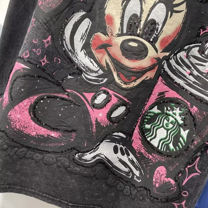 تي شيرت كلاسيكي كبير الحجم ميني كارتوني - تي شيرت بأكمام قصيرة مغسول ونمط أوروبي، بلوزة صيفية فضفاضة مغسولة للصناعات الثقيلة