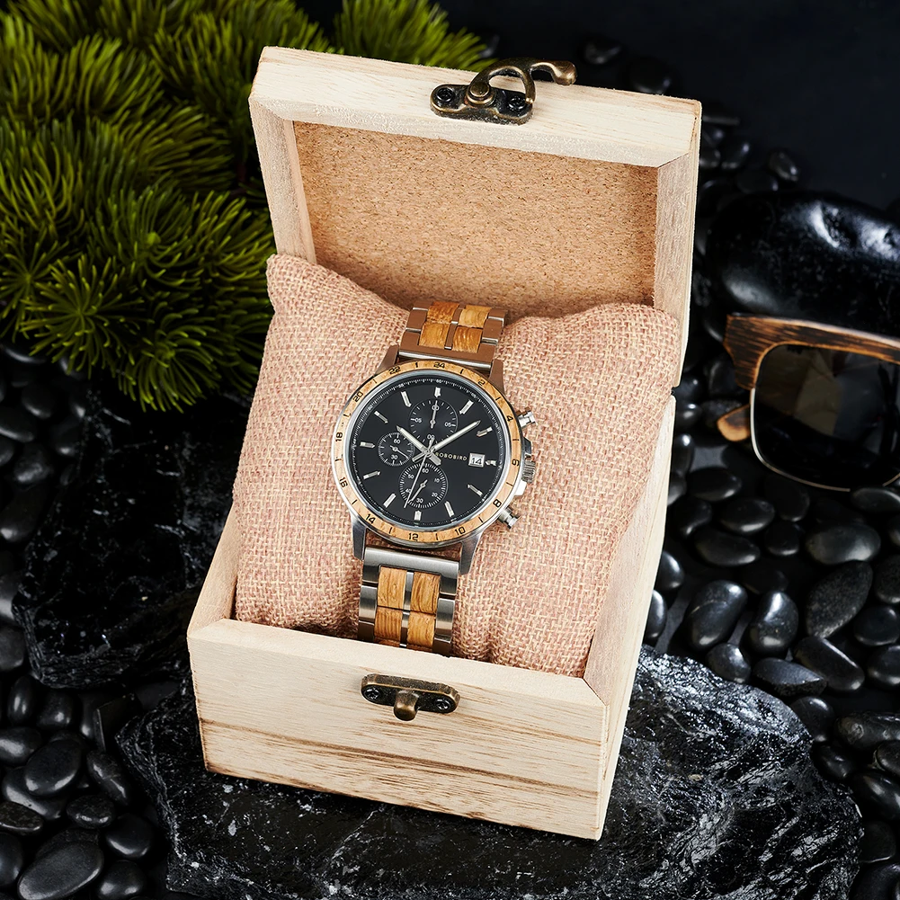 BOBO BIRD Luxury Men\'s Watches Wood & Stainless Combined Chronograph Military Quartz Wristwatches Support Dropshipping Customize