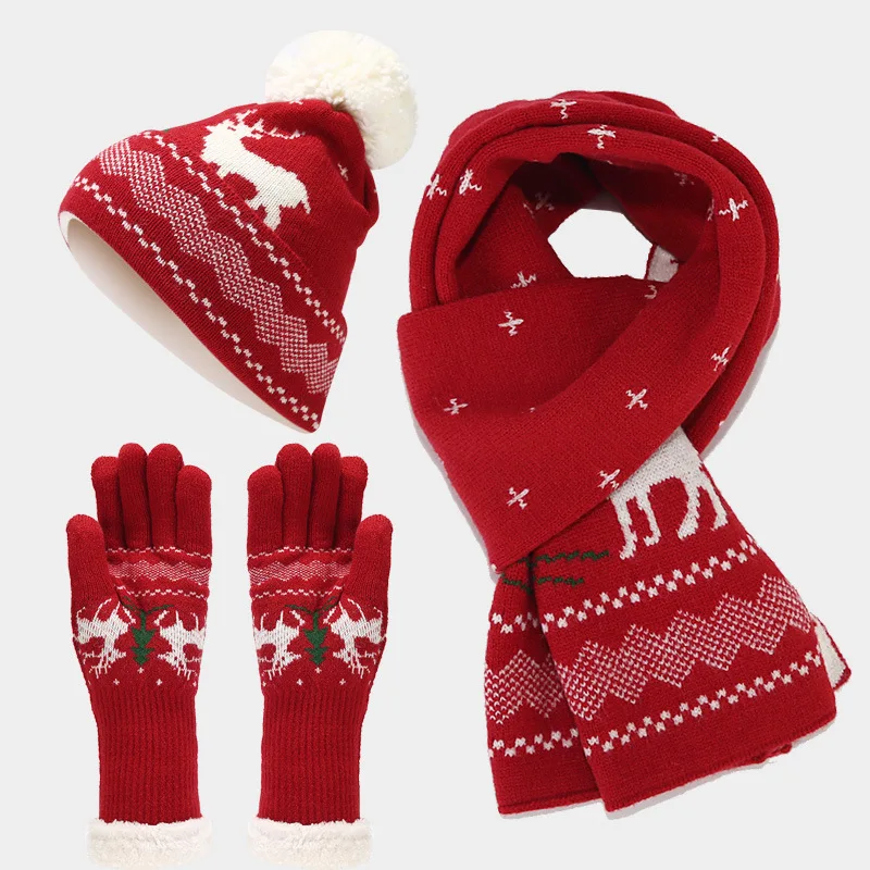 Christmas decoration cold hat scarf gloves three piece set European and American elk jacquard autumn and winter warm knit set