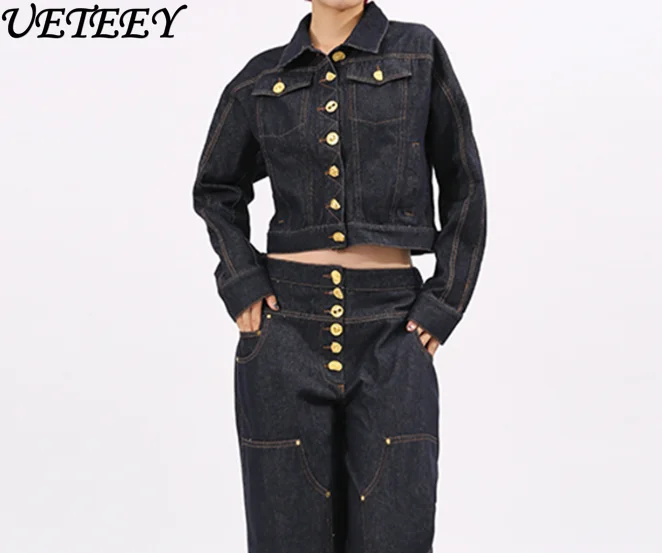 

Autumn New French Style Niche Temperament Jean Coat with Turn-down Collar Single-breasted Design Slimming Short Denim Jacket
