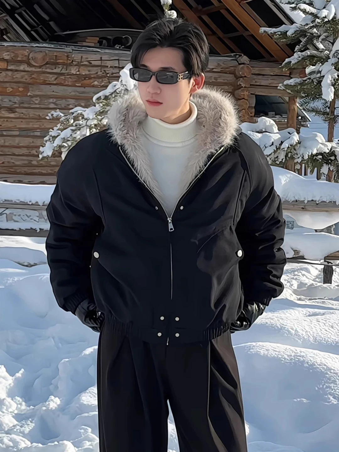 

Bla Hooded Cotton Jaet Men's Winter Warm Fce Lined ort Sle Thi Outerwear with Fur Collar Cleanfit Stand Size