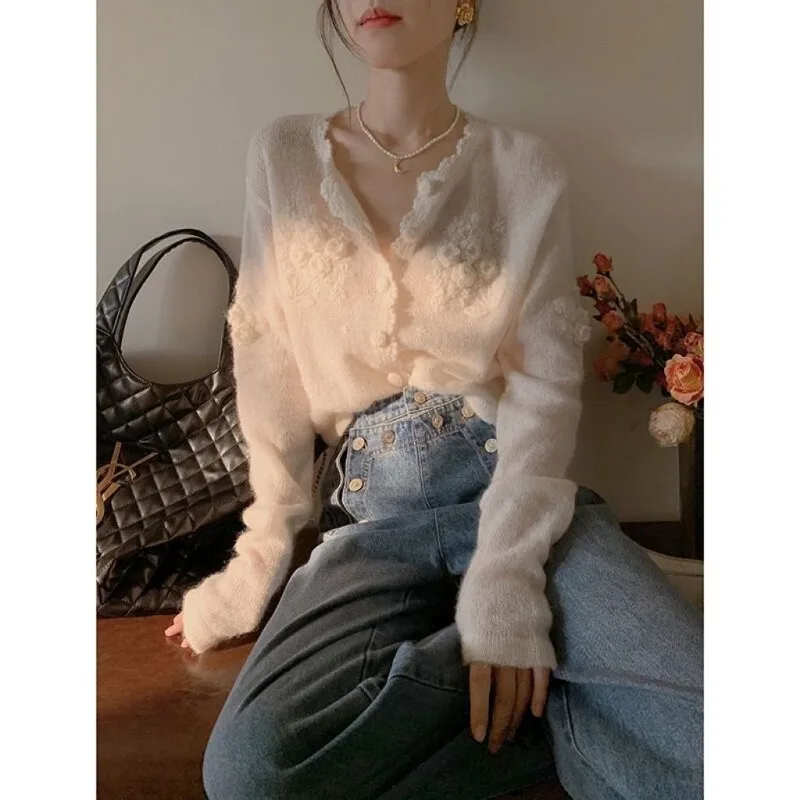 

Mohair Hook Flower Knitted Cardigan Women Autumn Gentle Round Neck Long Sleeve Thin Sweater Retro Sweet Slim Y2k Tops