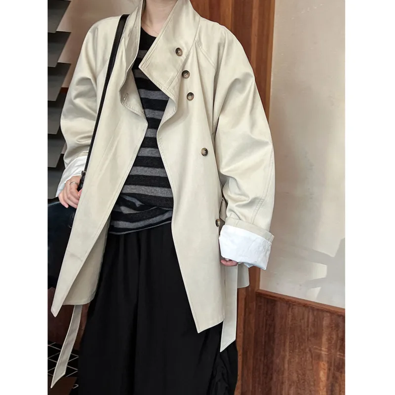 

Stand Collar Lace-up Short Trench Jacket Autumn Women Solid Color Loose Coat With Belt