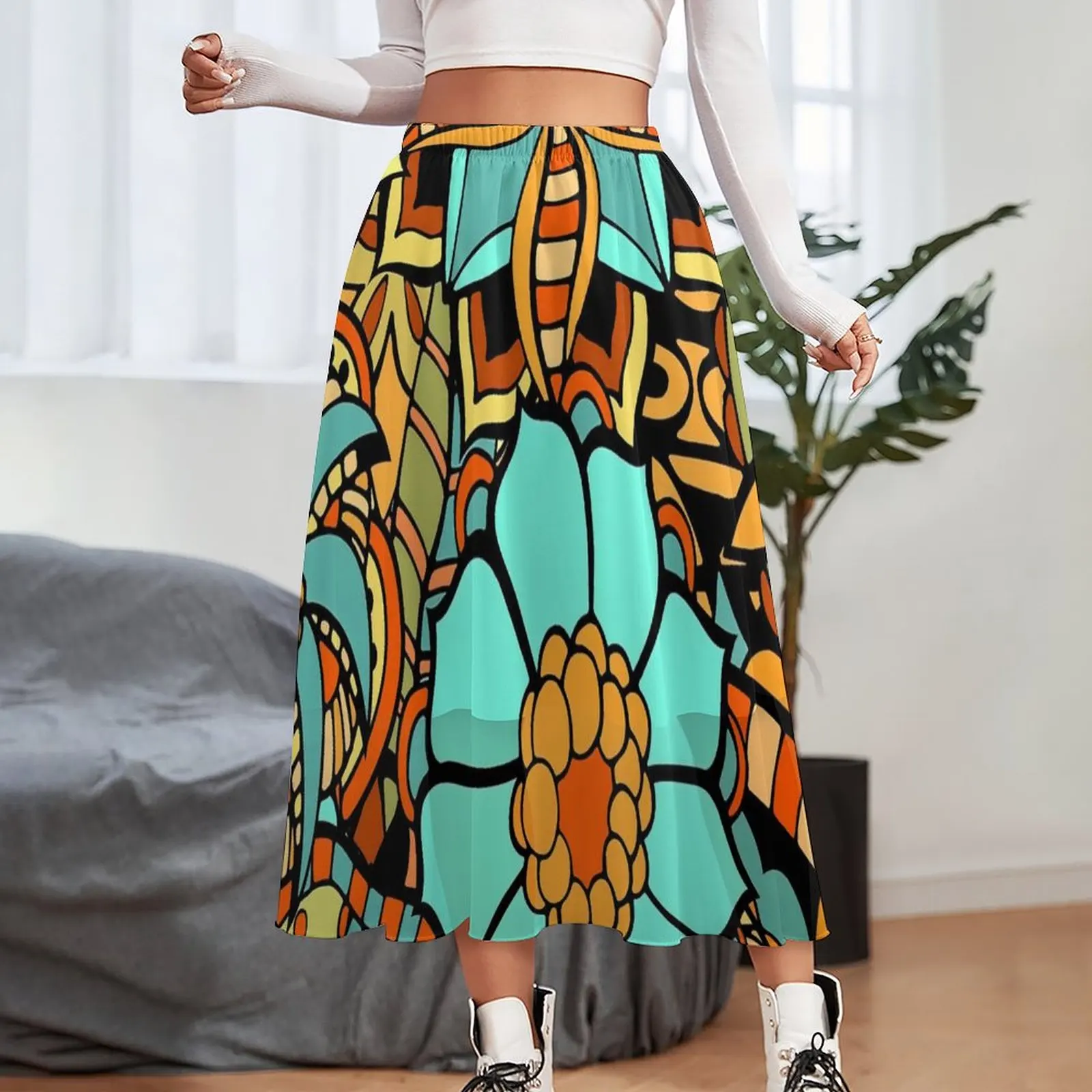 Vintage Ethnic Chiffon Skirt Colorful Flower Print Aesthetic Casual Skirts Women Modern Boho Skirt Printed Clothes Birthday Gift