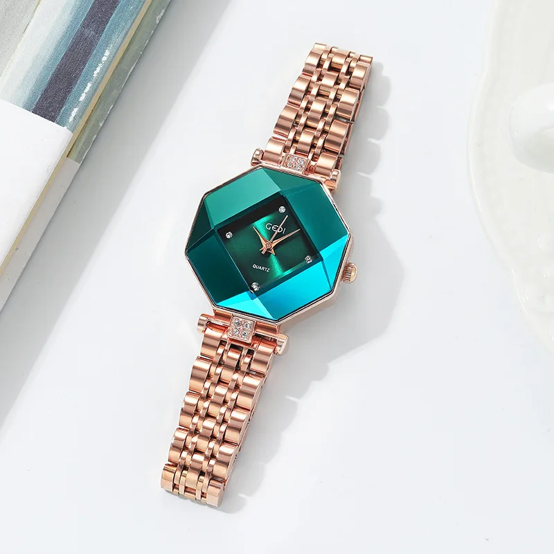 GEDI Octagonal Women's Watch Fashionable Rhombus Design Wristwatch Ladies' Niche High-End Leather Strap Quartz Watch