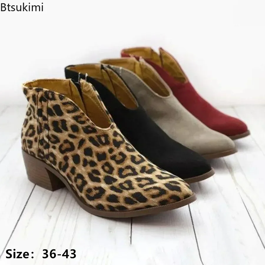 

New 2025 Women's Autumn Winter Ankle Boots Leopard Print Thick Heel Fashion Boots Female Warm Ankle Boots Retro Botas Femininas