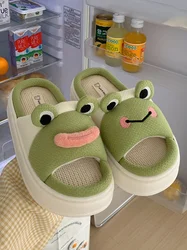 Funny Cute Frog Linen Slippers For Men And Women Lovers Four Seasons Antiskid Cotton Linen Home Slipper Shoes Ins